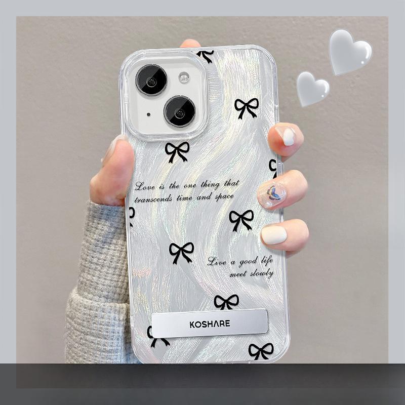 Suitable for Opporeno11 Mobile Phone Case Vivos18 Black Bow Bracket Chain Xiaomi 14 Feather Yarn Large Hole