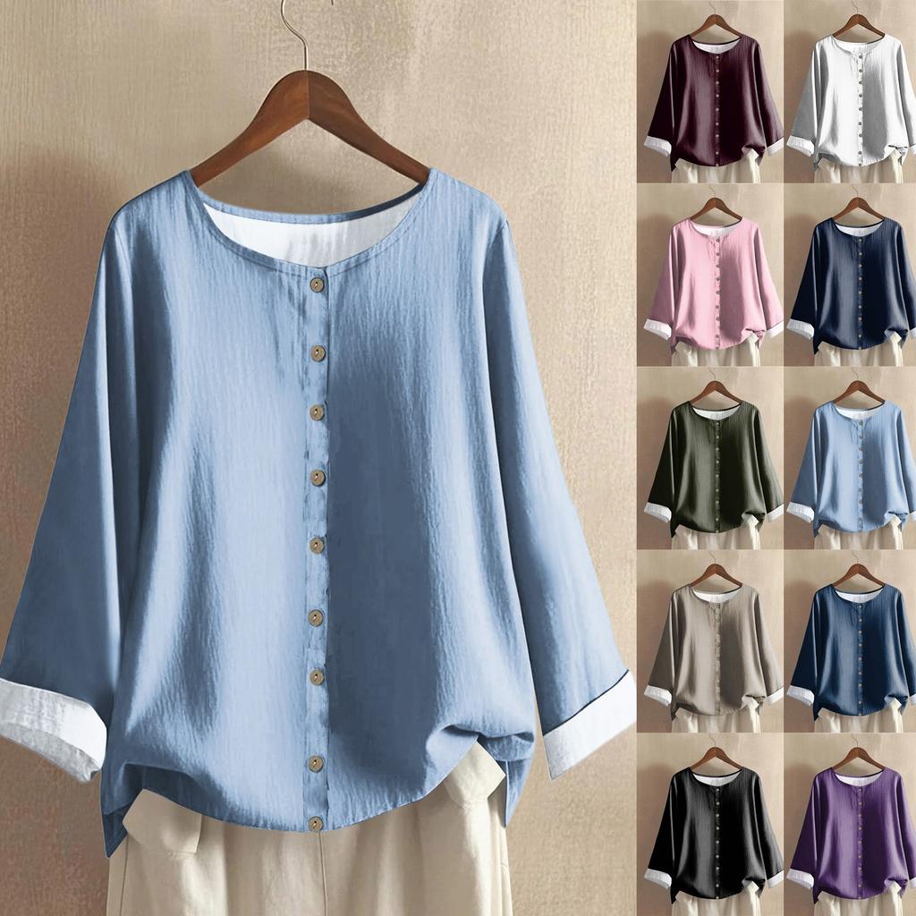 Women's Casual Long-sleeved Round Neck Solid Color Cotton And Linen Top