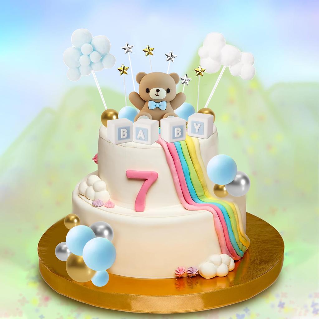 38 Stück Blauer Bär Kuchen Dekorationen Teddybär Sterne Wolken Gold Silber Schaum Junge Mädchen Geburtstag Gender Reveal Party Kuchen Dekoration