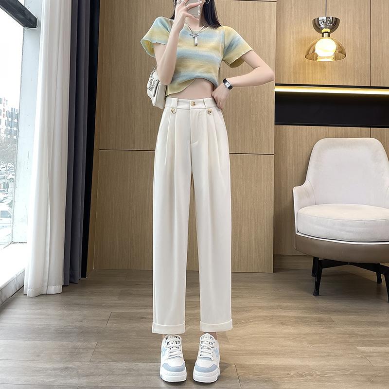 

Новые брюки-костюмные прямого кроя длиной девять десятых для полных женщин, скрывающие полноту, стройнящие, с темпераментом, повседневные брюки-шаровары, женские 5XL абрикосовый