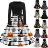 Women's Casual Halloween Print Dress Long Sleeve Round Neck Retro Vintage Style Midi Dress with Waist Tie for Everyday Wear
