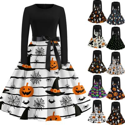 Women's Casual Halloween Print Dress Long Sleeve Round Neck Retro Vintage Style Midi Dress with Waist Tie for Everyday Wear