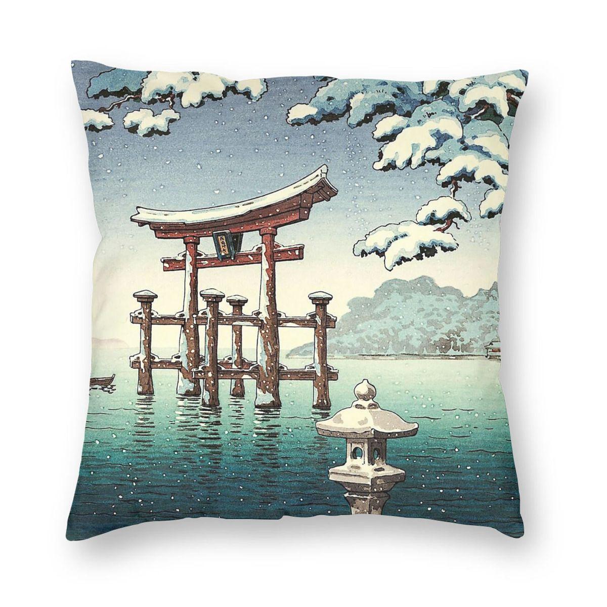 Tsuchiya Koitsu Miyajima In Snow Square Pillowcase Polyester Linen Velvet Printed Decorative Pillow Case Home Cushion Peach skin 18*18(CM)-1Pcs