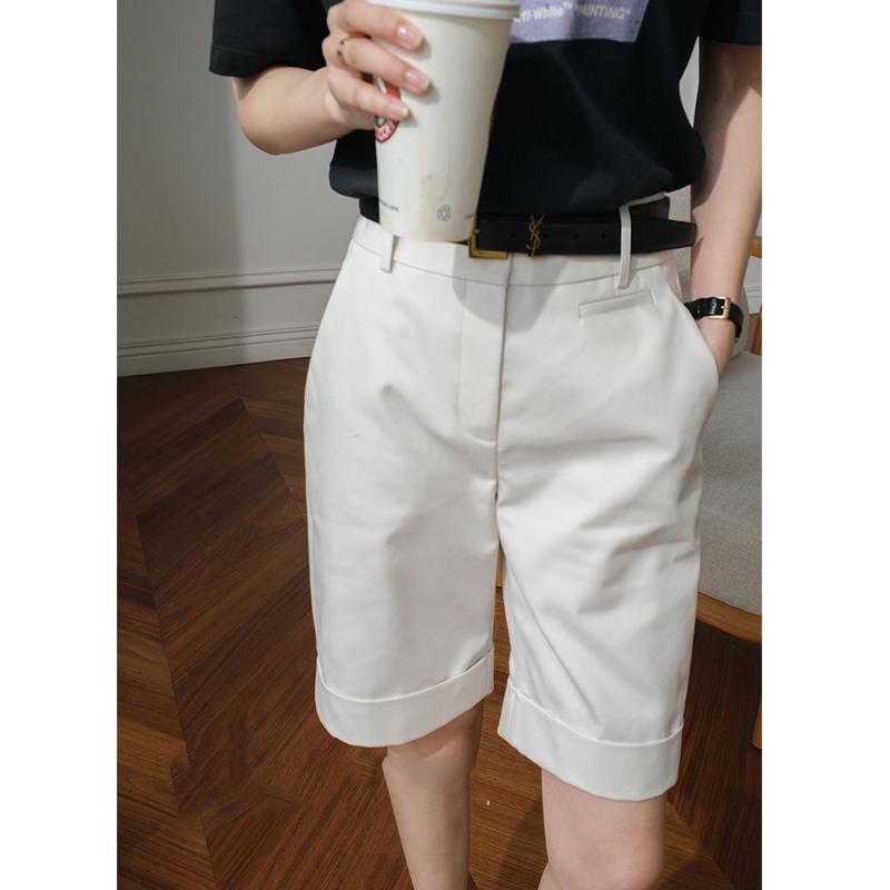 Damskie Letnie Modne Minimalistyczne Proste Spodnie do Kolan Biurowa Dama Eleganckie Czarne Białe Krótkie Spodnie Pantalones