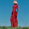21/5000 Women's Solid Color Spring Dress with High Neck and Long Sleeve Stitching and Lace-up Long Slim-fit