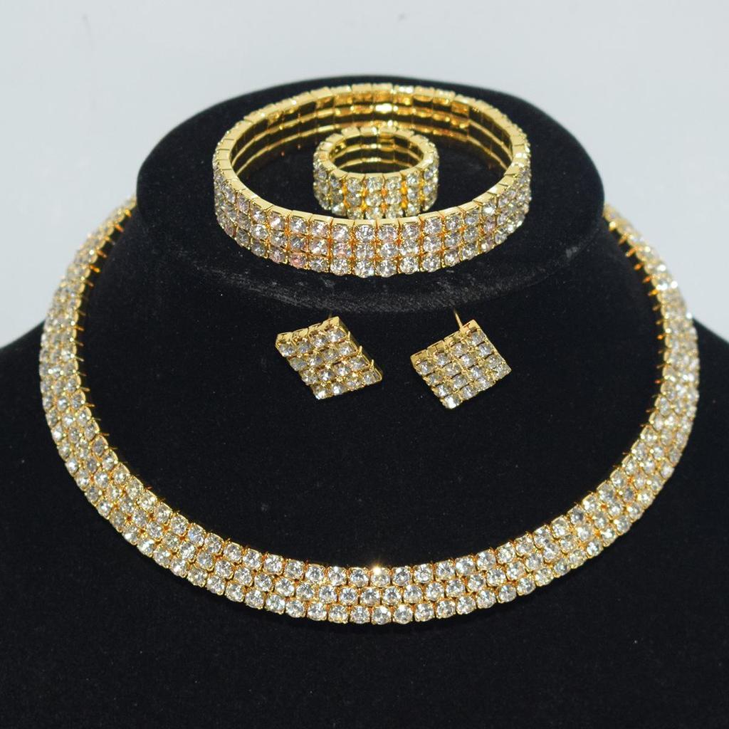 Gold & Silver Rhinestone Jewelry Set: Choker, Bracelet, Stud Earrings, & Necklace