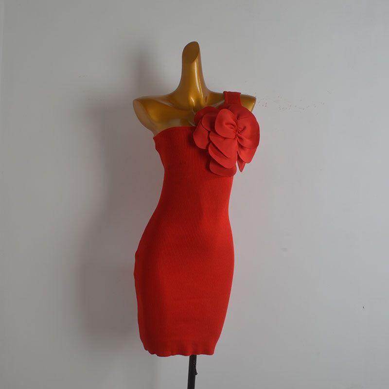

Western Style Sexy Three-Dimensional Flower Knitted Sloping Shoulder Sling Dress Women Summer Waist Hugging Slimming Sheath Base Skirt Red S