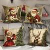 Christmas Decoration Pillowcase Retro Style Fawn Snowman Santa Claus Little Girl Pattern Suitable for Home Sofa Cushion Cover