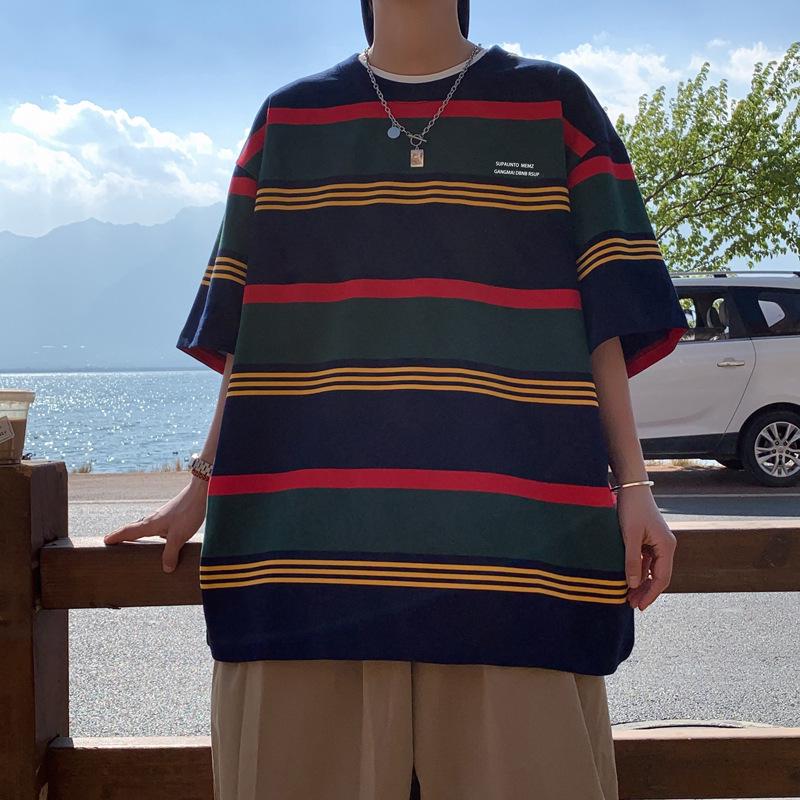 

Летняя мужская свободная полосатая хип-хоп футболка 2023 - Короткий рукав, круглый вырез, универсальный уличный топ L
