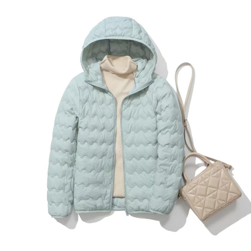Women's Hooded Long Sleeve Loose Fit Lightweight Short Down Jacket Wave Quilted Puffer Outerwear