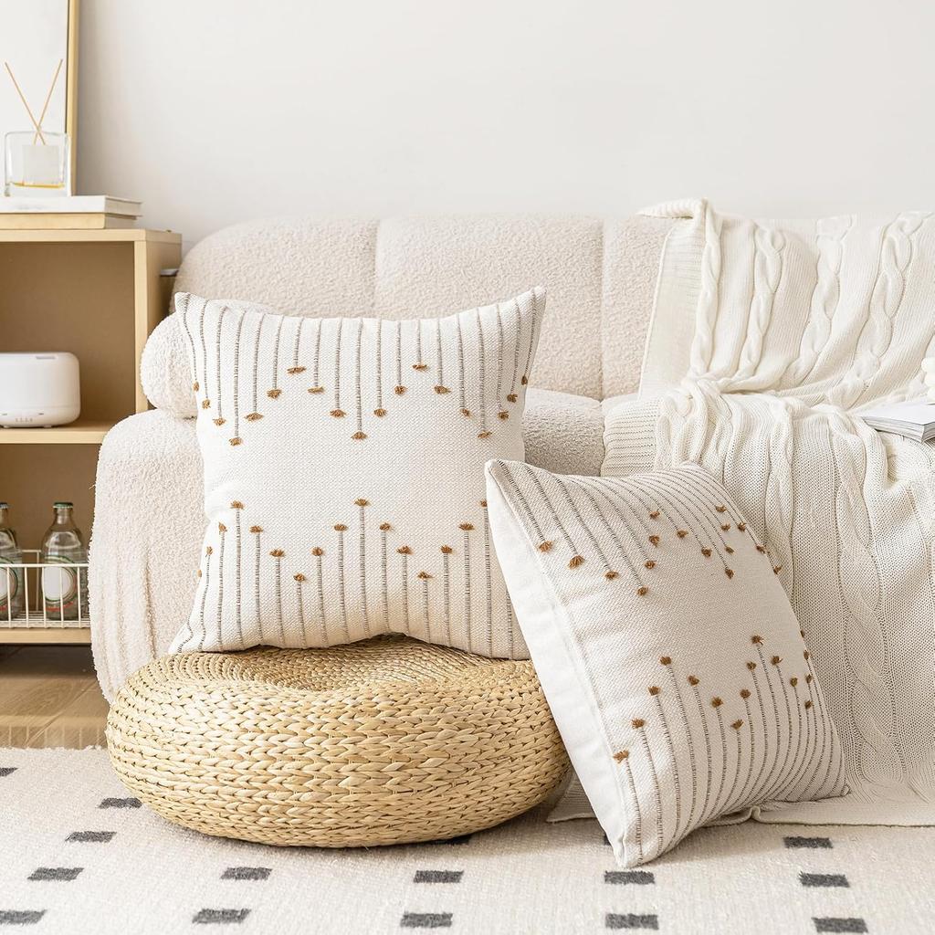 Throw Pillow Covers 18x18 Neutral Decorative Textured Cushion Case Farmhouse Pillowcase Modern Square Pillow Covers for Sofa