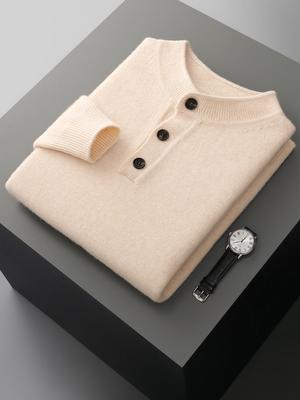 Men's Pure Wool Buttoned Knit Sweater, Half-High Collar, Thick, Loose, Business Casual, Autumn & Winter.