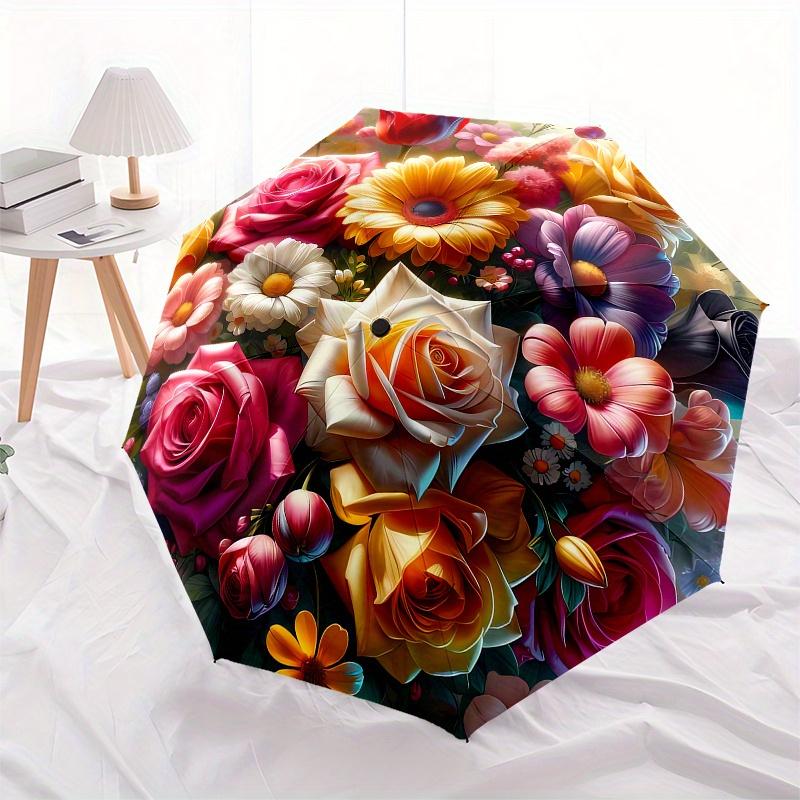 Floral Bouquet Theme Automatic Open/Close Umbrella, Portable 3 Fold Compact Umbrella for Men & Women, Valentine's Day Mother's Day Gift0725089