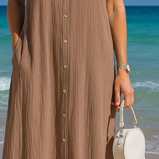 Summer Short Sleeve Cotton Dress for Women Button Down V Neck Long Dress Casual Loose Flowy A-line Beach Sundress with Pockets
