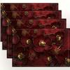 4pcs Red Floral Placemats Set Gold Accented Flower Table Mats Washable Dining Decor Linen Coaster
