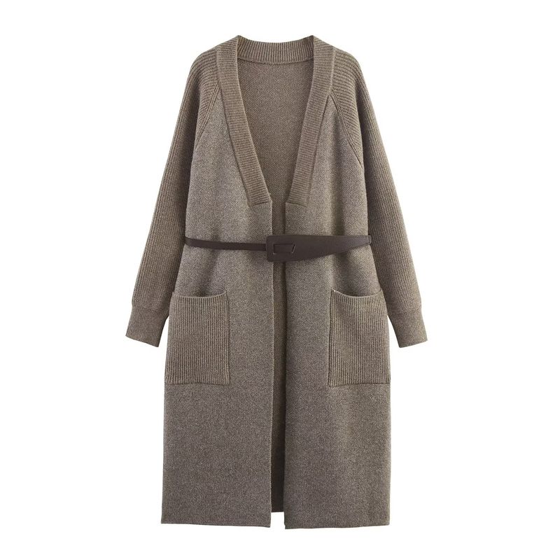 Kaslead New Women Clothes Western Style Fashion Simple Configuration Belt Knitted Coat
