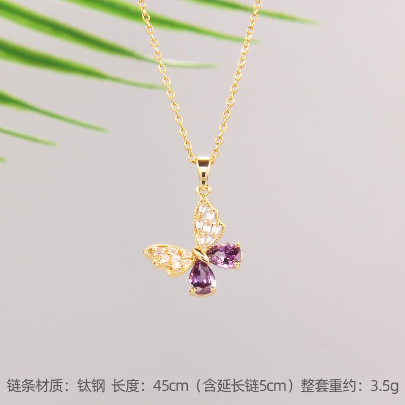 Luxury Zircon Butterfly Pendant Necklace Stainless Steel Fashion Simple Choker Jewelry Birthday Gifts For Women Girls
