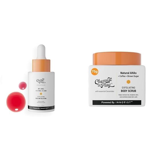 

Химик в игре 26% AHA 2% BHA 4% PHA Пилинг-раствор Дерматологически протестировано | 30 мл + Отшелушивающий скраб для тела для удаления загара | 75 г