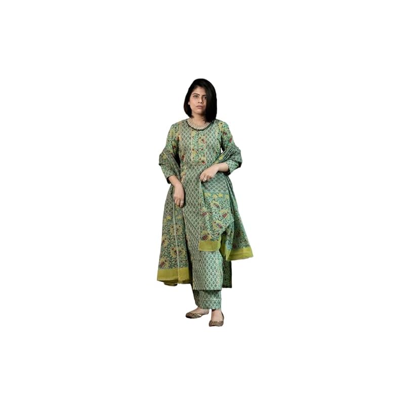 GoSriKi Women' Rayon Blend Straight Printed Kurta with Pant & Dupatta (SANGHVI GREENGS_S_Green_Small)
