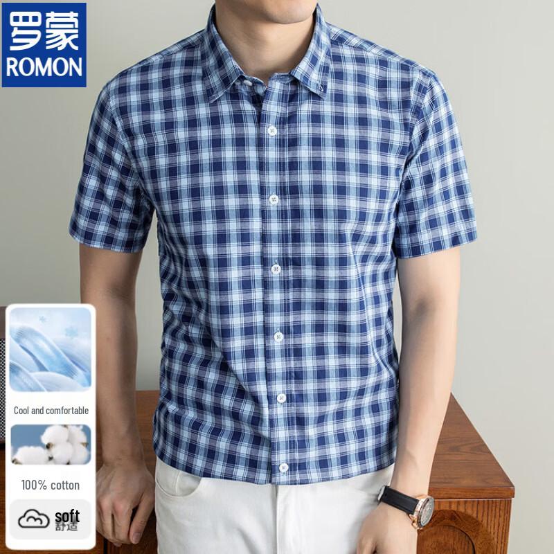Luomeng Men s Cotton Oxford Plaid Short-Sleeve Shirt 4XL синий