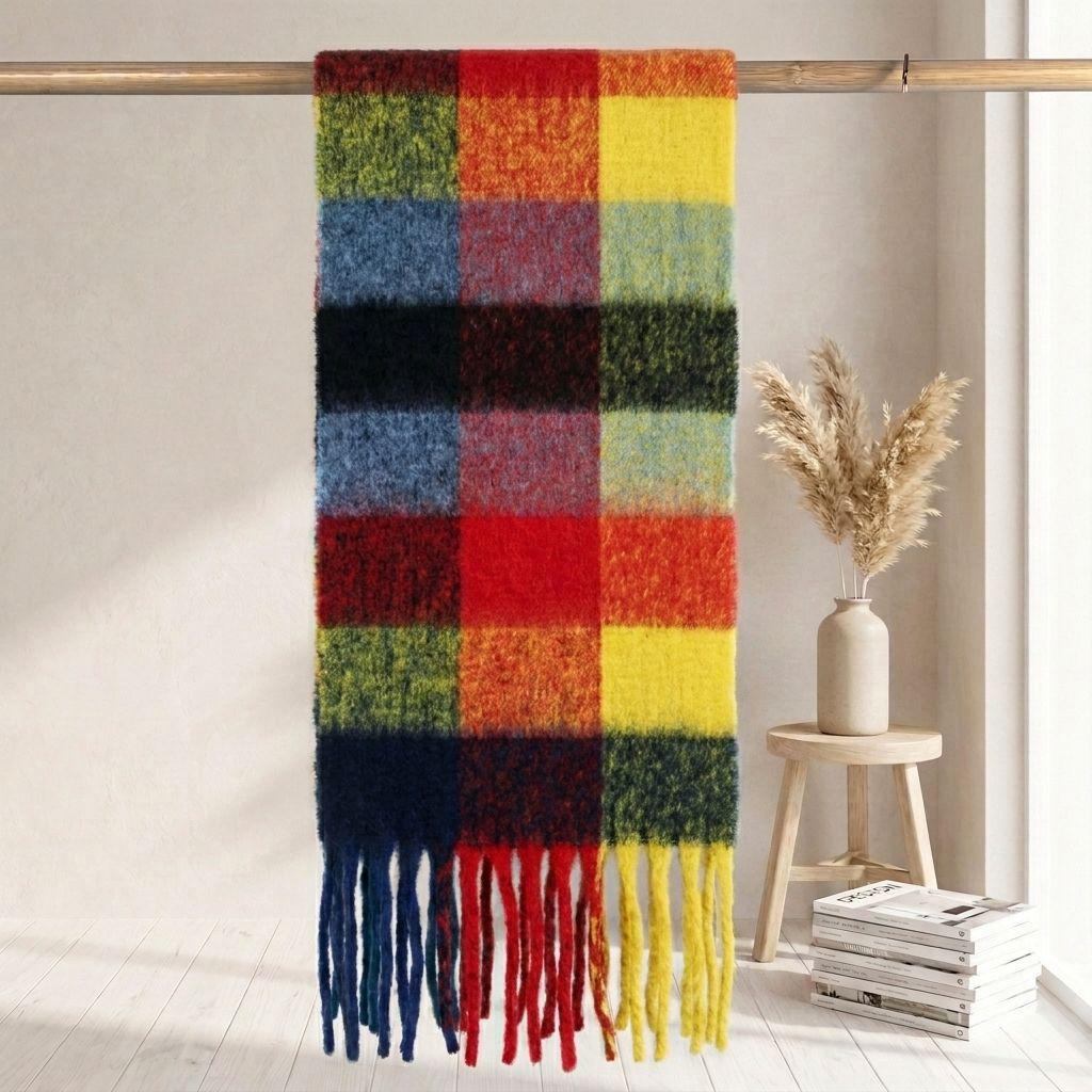 Women's High-Grade Colorful Plaid Mohair Scarf - Thick, Warm, and Versatile for Winter
