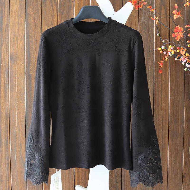 Women s Slim Fit Stretch Cotton Pullover with Floral Lace Patchwork XL чёрный