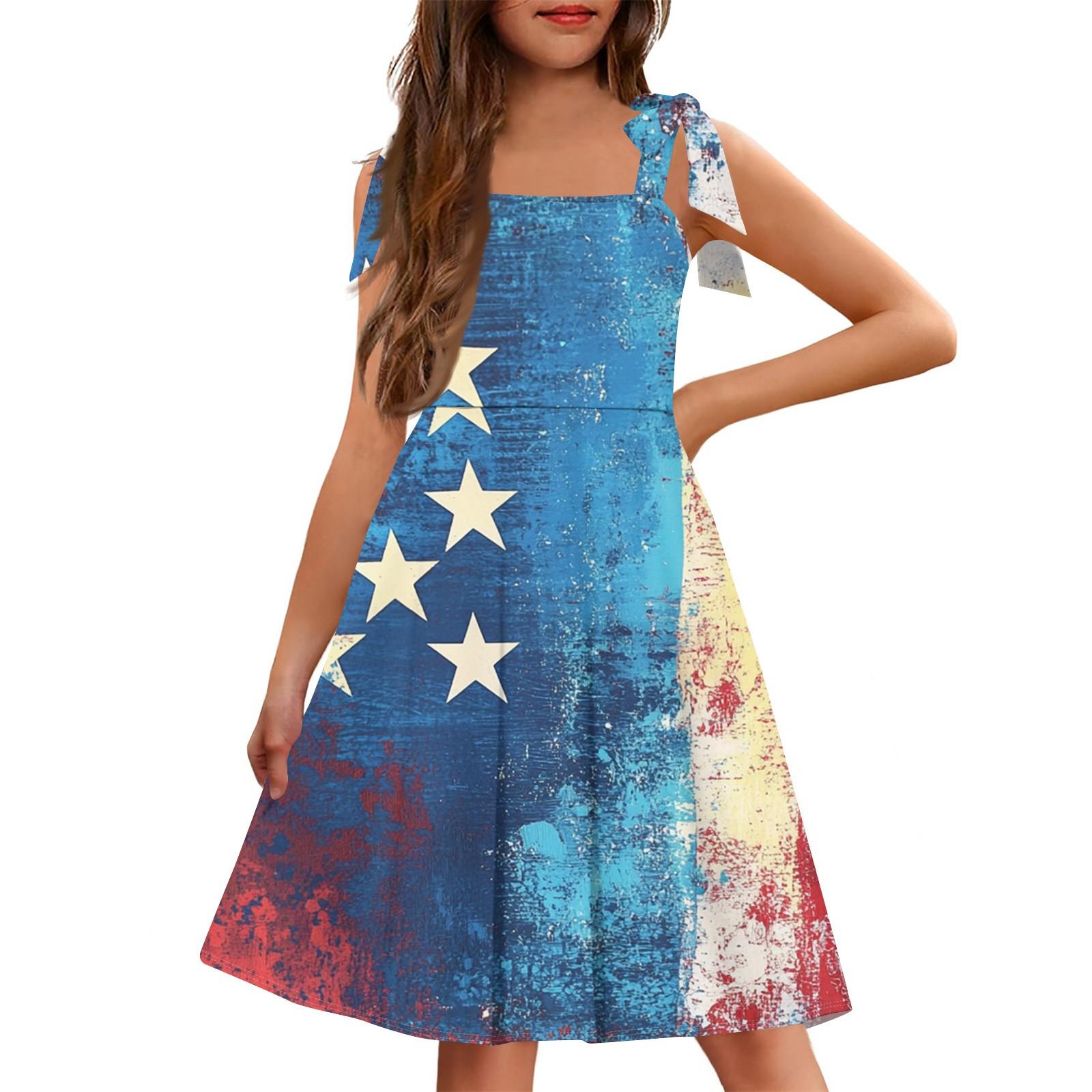 

Children s Jumpsuit Cuffless Pocket Square Neck Casual Independence Day Print Dress 120