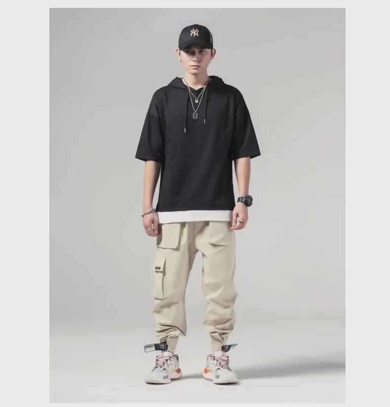 Καλοκαιρινό Ανδρικό T-Shirt με Κουκούλα και Κοντά Μανίκια Κορεατικού Στυλ: Ιαπωνικό Φαρδύ Πουλόβερ Νεανικό με Μανίκια Επτά Τετάρτων