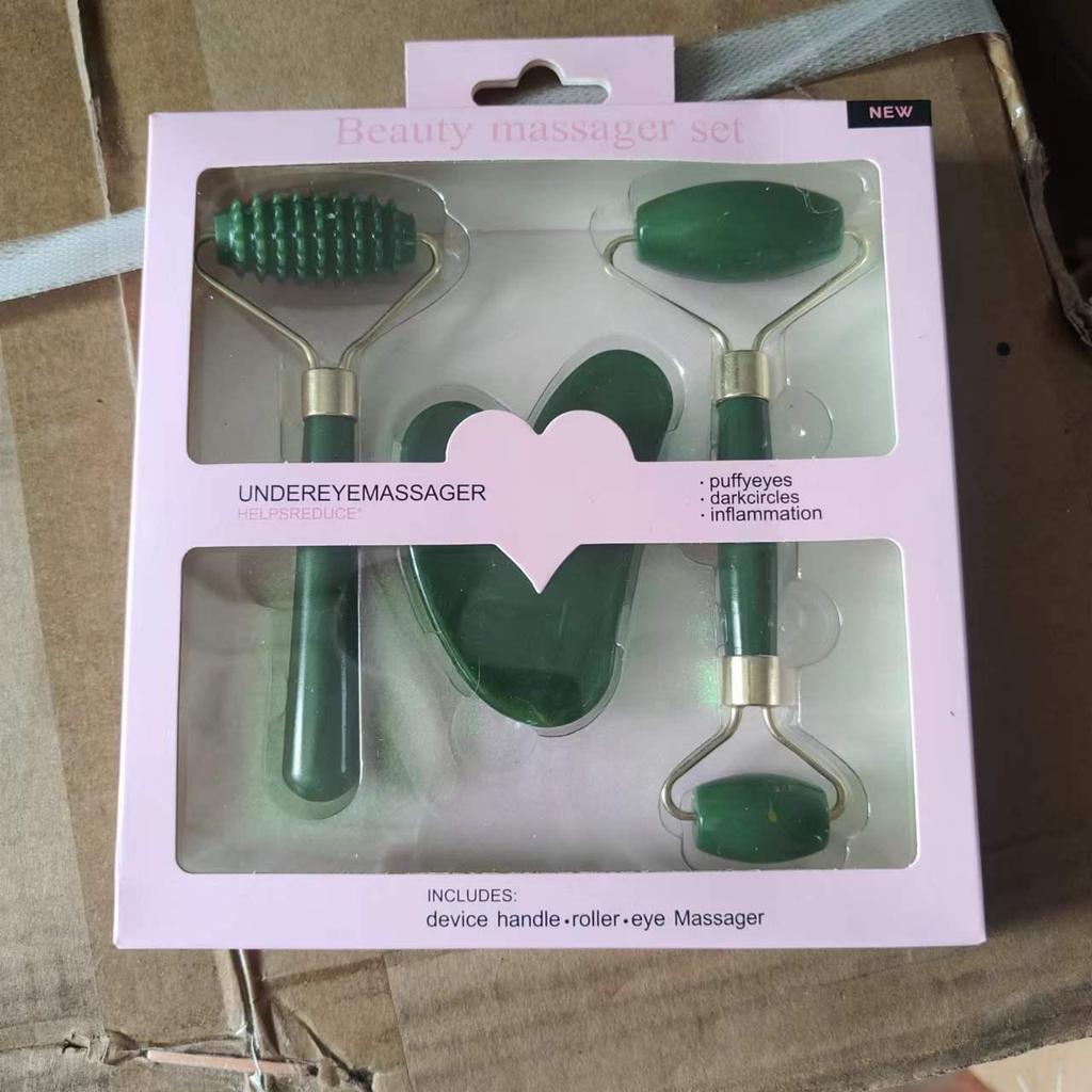3-Piece Set: Imitation Jade & Rose Quartz Gua Sha Boards with Spiky Roller Facial Massager