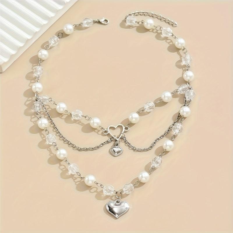 Multi-Layer Faux Pearl Love Heart Pendant Necklace for Women New Fashion Y2K Choker Party Jewelry Occasions