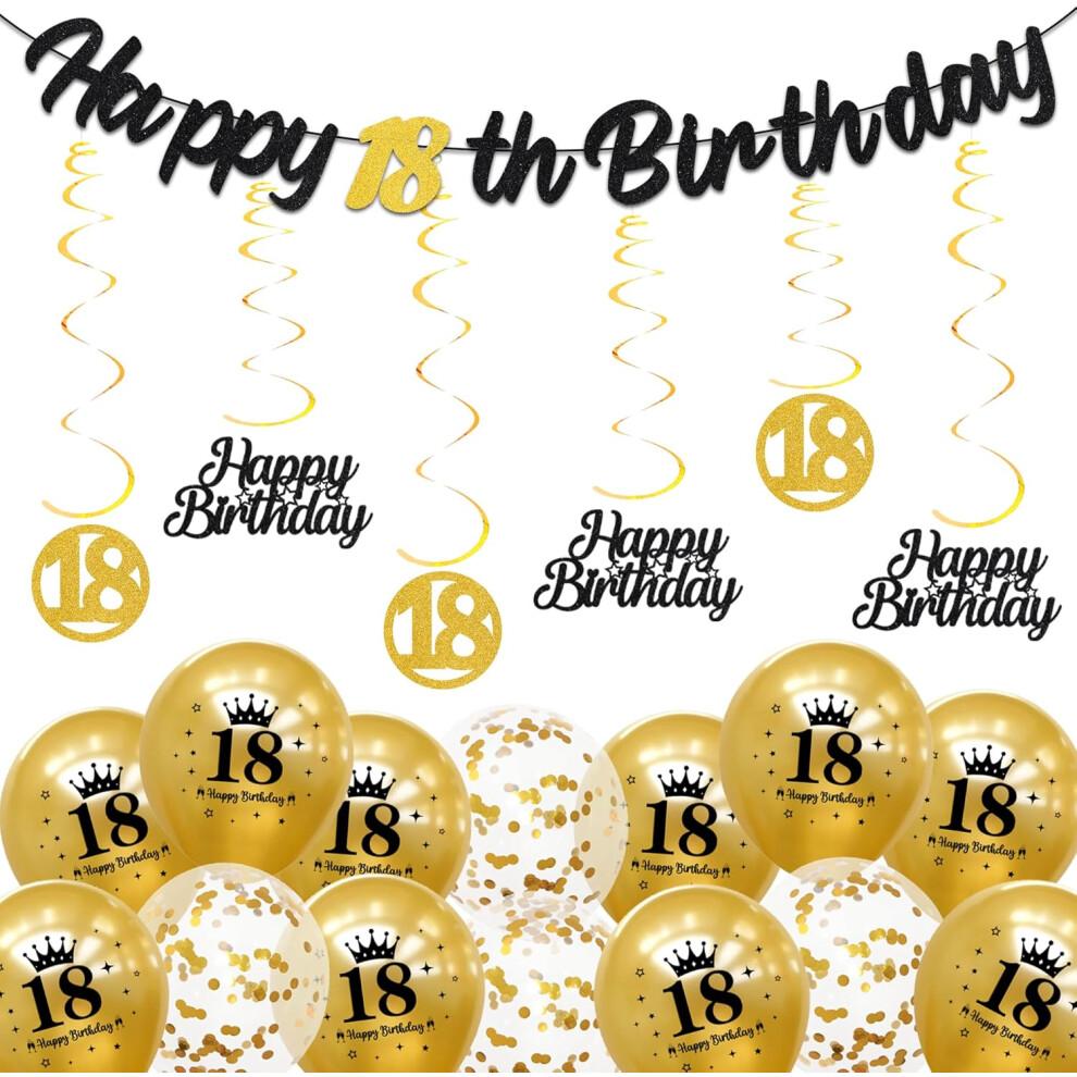 18th Birthday Decorations Set Banner Garland Balloons Complete Set Black Gold