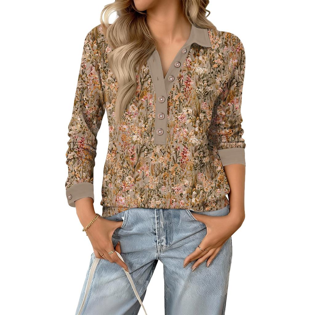 Women's Relaxed V,neck Long,sleeved Button,down Floral Pullover Top