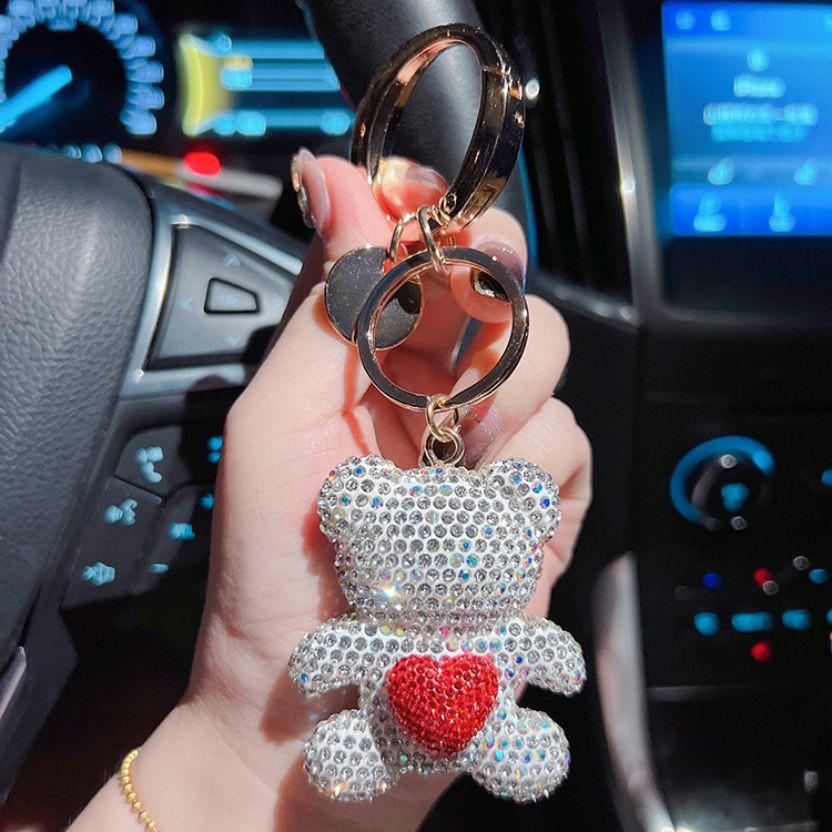 Unique Fun Keychain Gift For Girls Pure Handmade DIY Inlay Full Of Rhinestone Cute Bear Car Keychain Pendants And Bag Ornaments