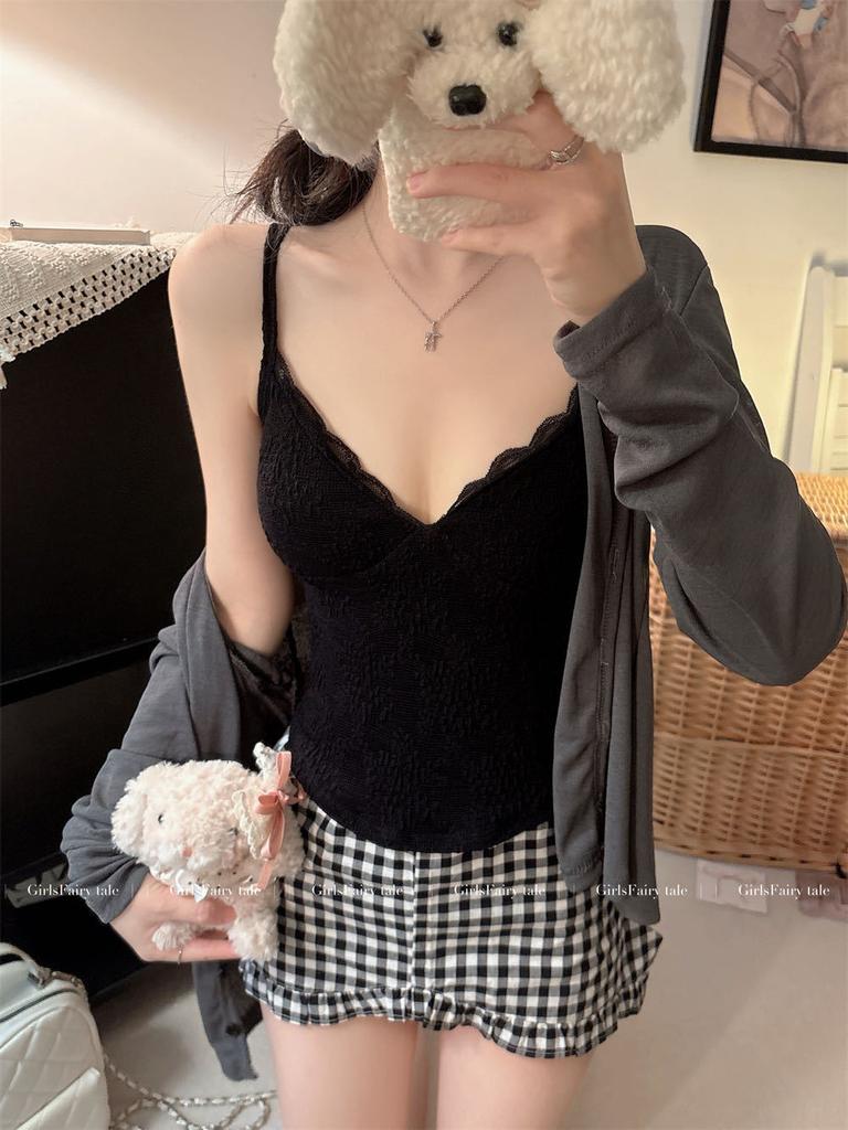 #Summer New Spice Girl Style Lace Splicing Sling Vest Slim and Thin Women's Fixed Belt Chest Pad