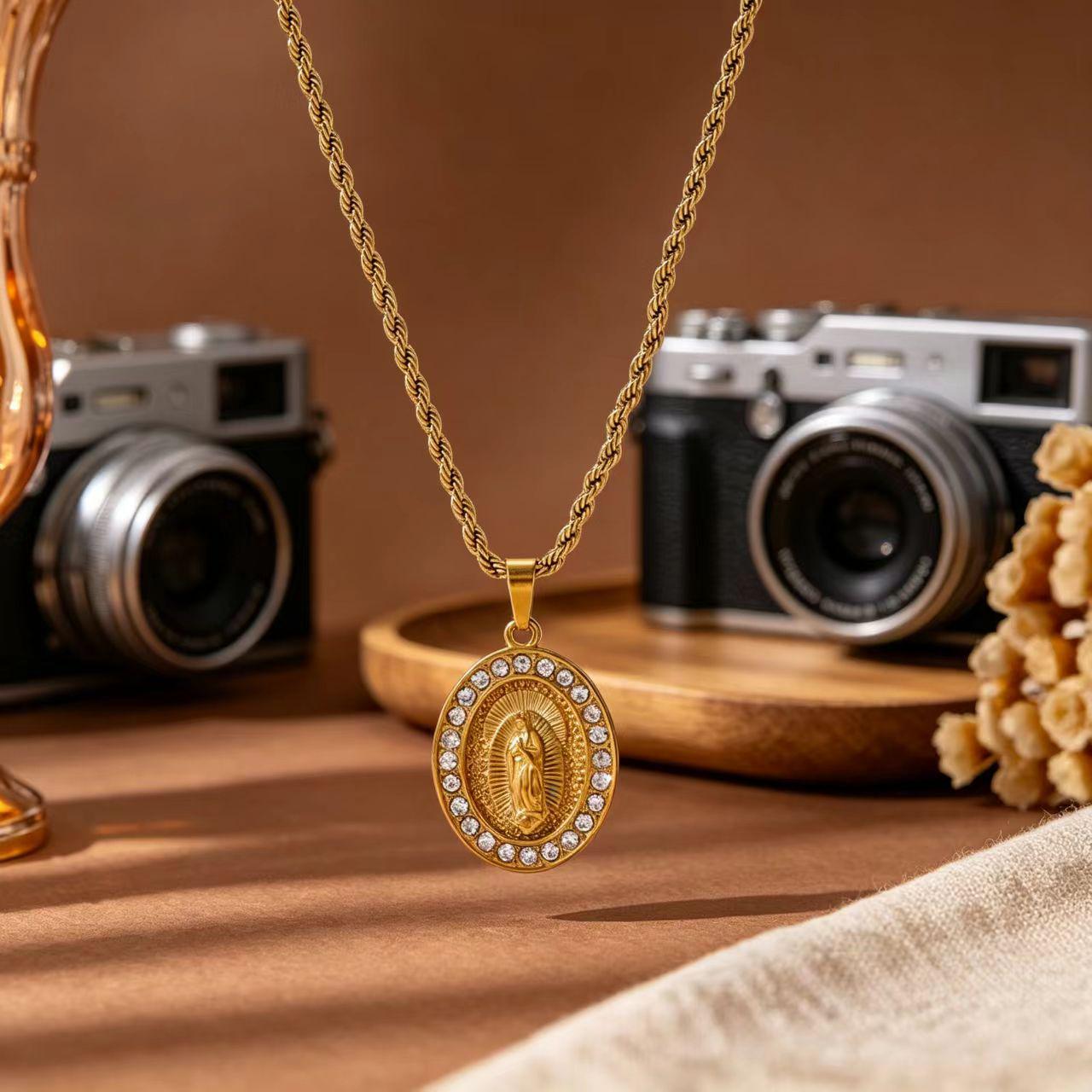 Stainless Steel Gold Plated Virgin Mary Pendant Necklace with Rhinestones - Religious Style Clavicle Chain 18K
