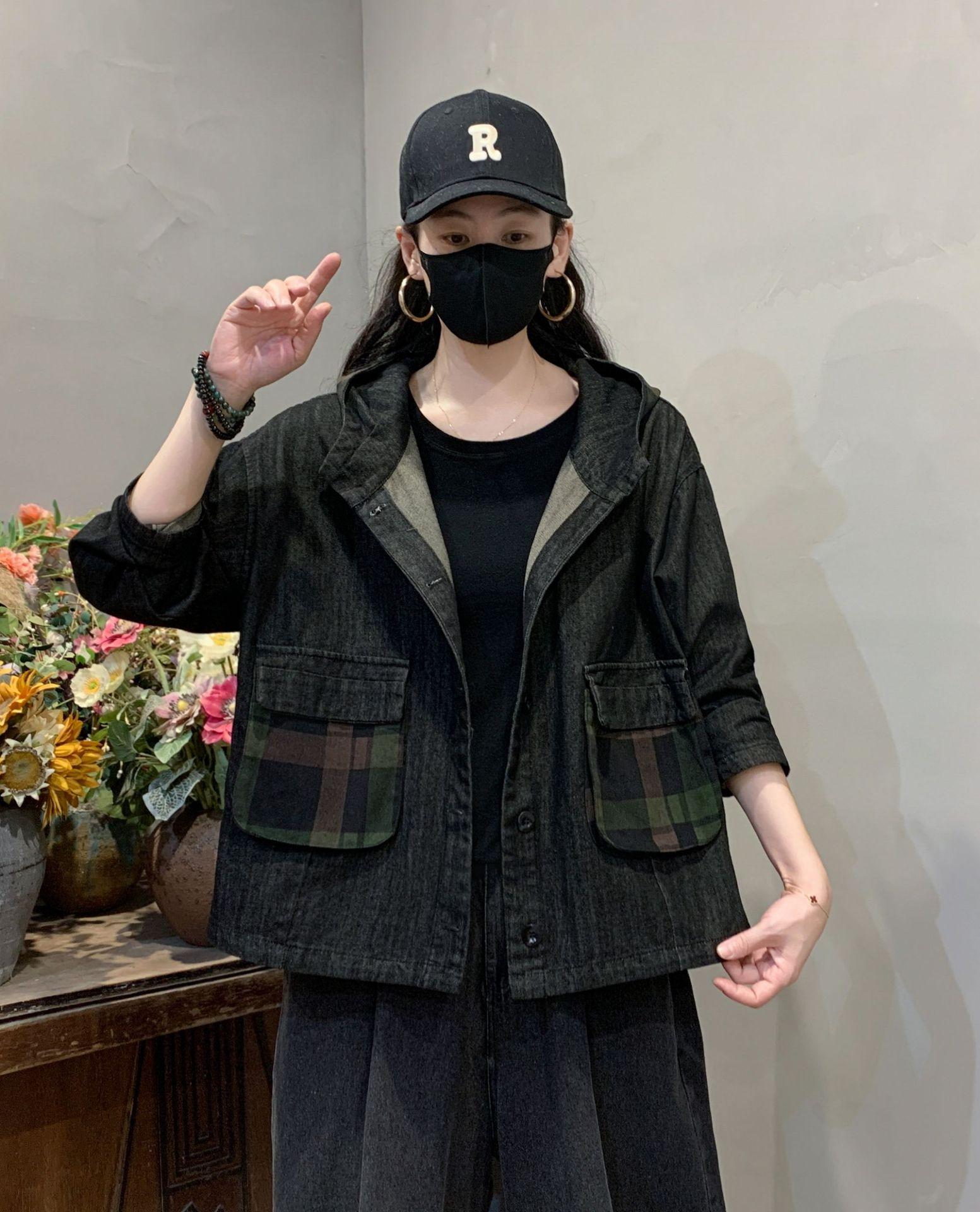 

2025 autumn new loose hooded jacket top retro style color matching breasted thin short casual outer women One Size