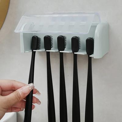 Bathroom Wallmount Toothbrush Holder With Cover 5 Slots Without Drilling Home Bathroom Self Adhered Toothbrush Storage Racks