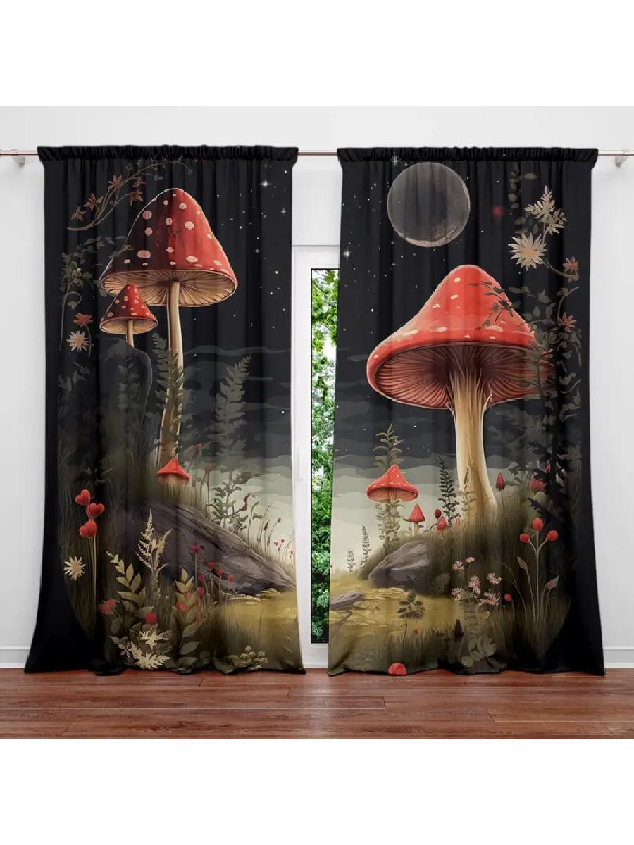 

Set Of 2 Enchanting Mushroom Floral Printed Curtains Designed Quality Material Ideal Fantasy Home Boho Sheer Made Polyester W100*H70(CM)-Grommet top&2PCS