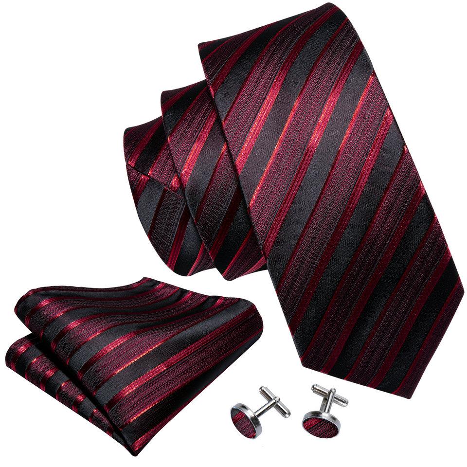 Barry.Wang Ties for Men Necktie Hankerchief Cufflinks Set Burgundy Striped Jacquard Wedding