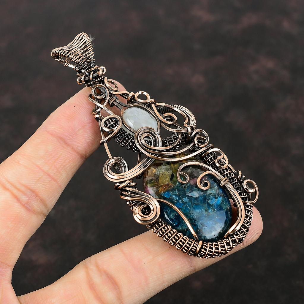 Watermelon Tourmaline Pendant Copper Wire Wrapped Rainbow Moonstone Pendant Gemstone Copper Jewelry Handmade Brand New Pendant Gift For Her