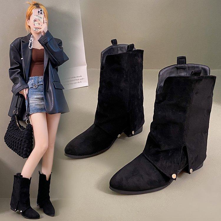 Sheepskin version! Retro western cowboy boots women's design sense pointed trousers boots thick heel v mouth thin pile short boots