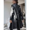 Solid Mid Length PU Leather Jacket Casual Lapel Long Sleeve Outerwear Women's Clothing