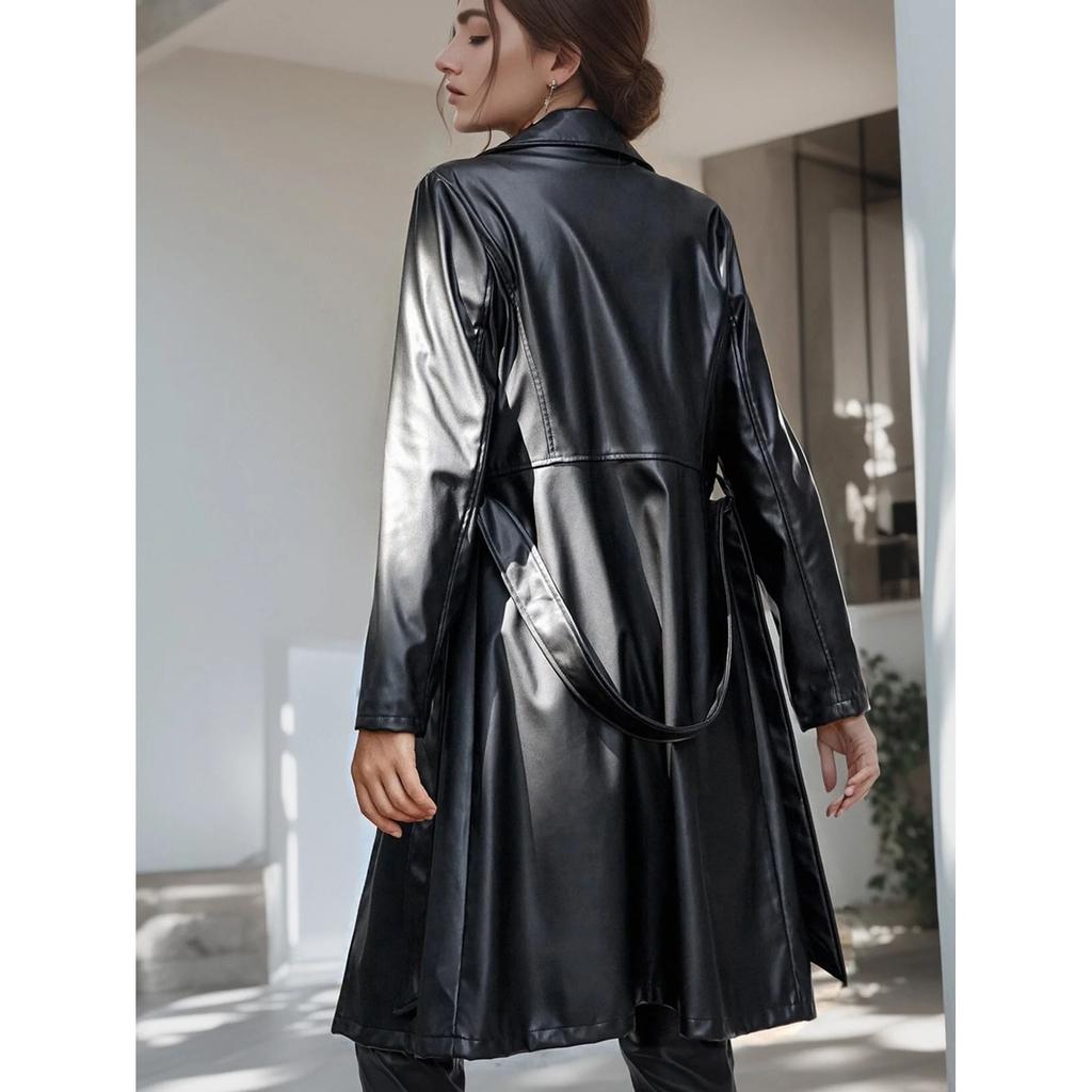 Solid Mid Length PU Leather Jacket Casual Lapel Long Sleeve Outerwear Women's Clothing