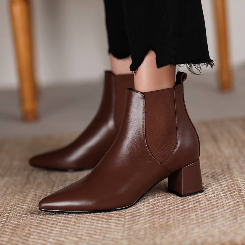 Krazing Pot Kravská kůže Zimní Špičaté špičky Silné střední podpatky Chelsea boty Dámské Nazouvací Velká velikost Retro Stručný styl Kotníkové boty