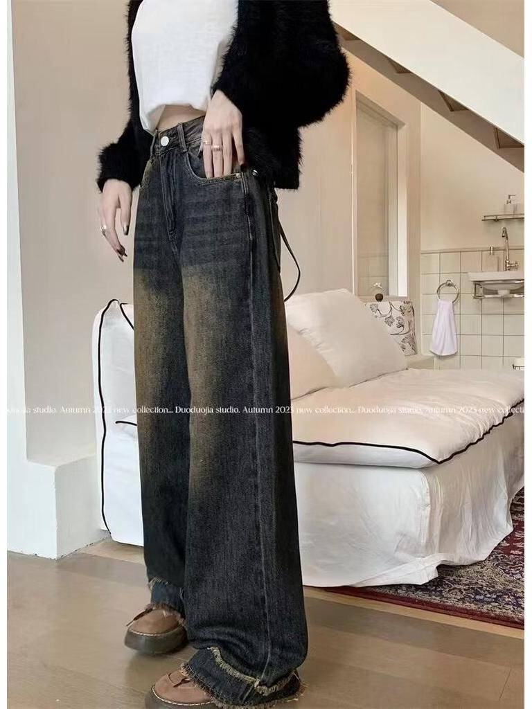 Women's High-Waist American Retro Distressed Wide-Leg Jeans for Spring