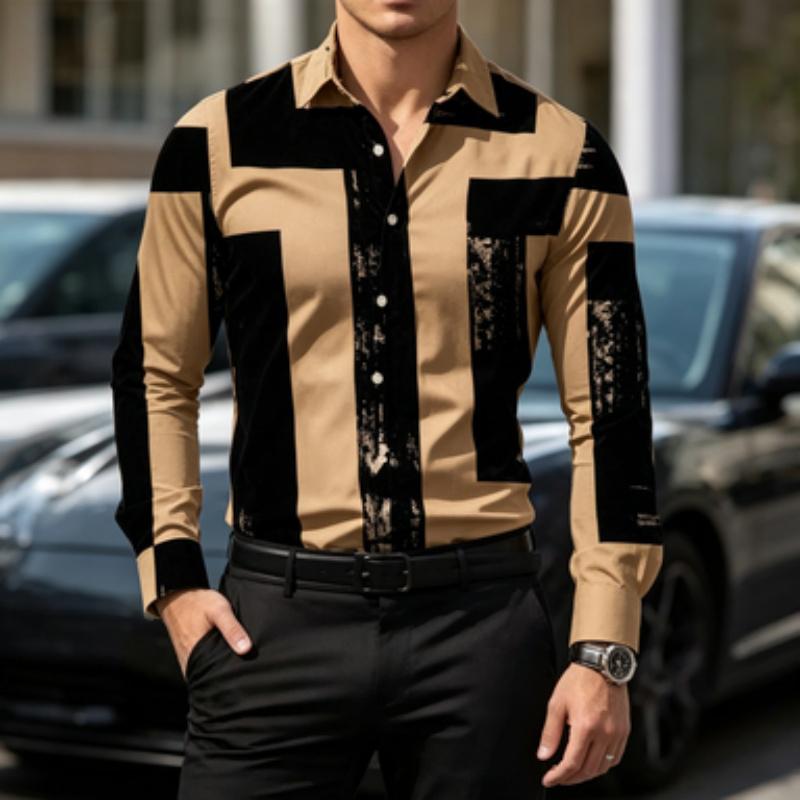 Men's Shirt Color Block Lapel Long Sleeved Shirt Abstract Geometric Print Slim Fit Shirt Light Business Daily Casual