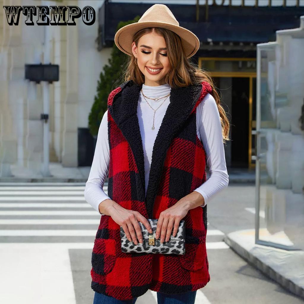 Autumn and Winter Women's Loose Fashionable Medium-length Hooded Buttonless Cardigan Plaid Plush Vest Jacket Women