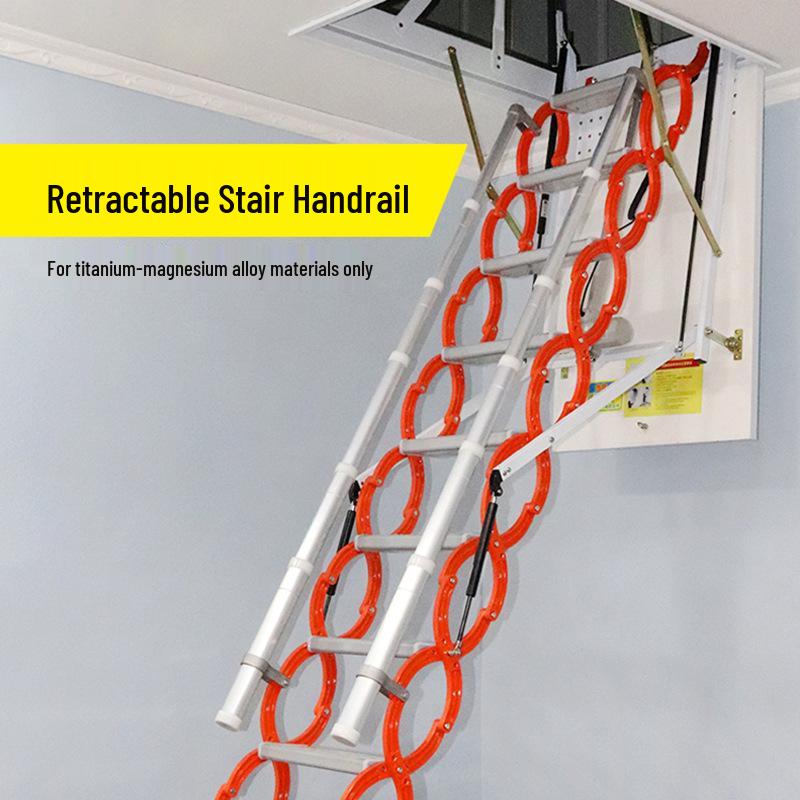 Retractable Titanium-Magnesium Loft Stairs with Extendable, Wall-Mounted Handrail Single-side extendable handrail