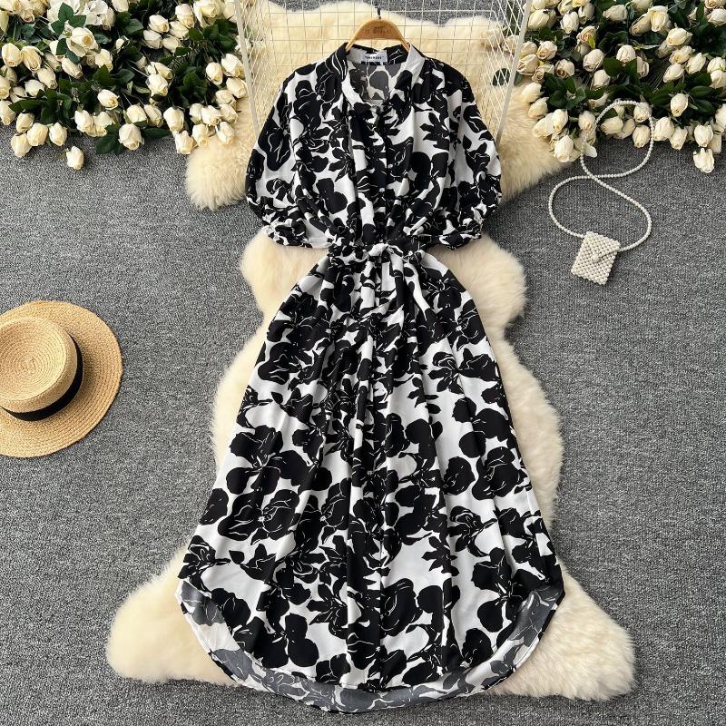 Summer Dress Retro Lantern-sleeved Women's Dress Single-breasted Cinched-waist Tie Printed Dress