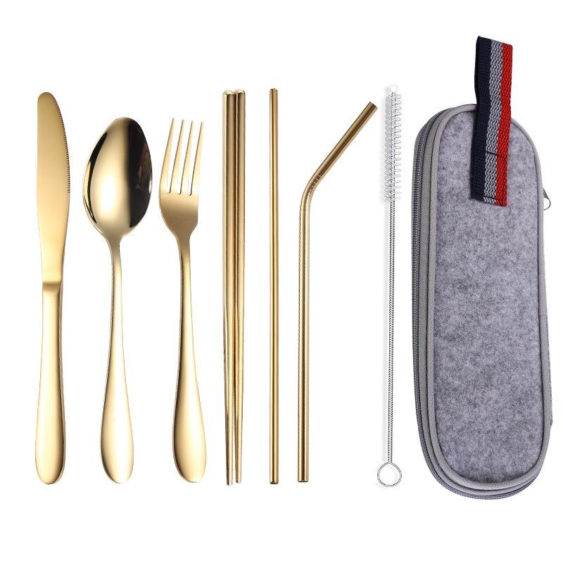 8Pcs Stainless Steel Straw Set Outdoor Western-style Knife, Fork, Spoon and Chopsticks Portable Cutlery Bag